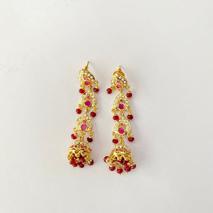 Ruby Gold Plated Long Jadau Earring