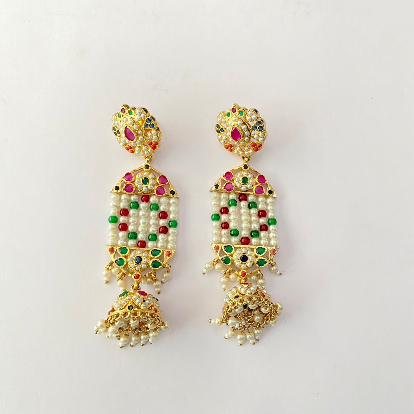 Jadau Pearl Ruby $ Green Long Earring