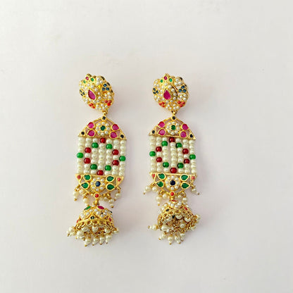 Jadau Pearl Ruby $ Green Long Earring