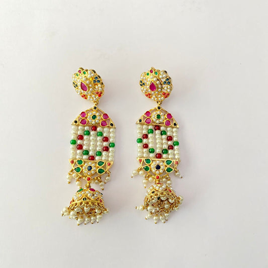 Jadau Pearl Ruby $ Green Long Earring