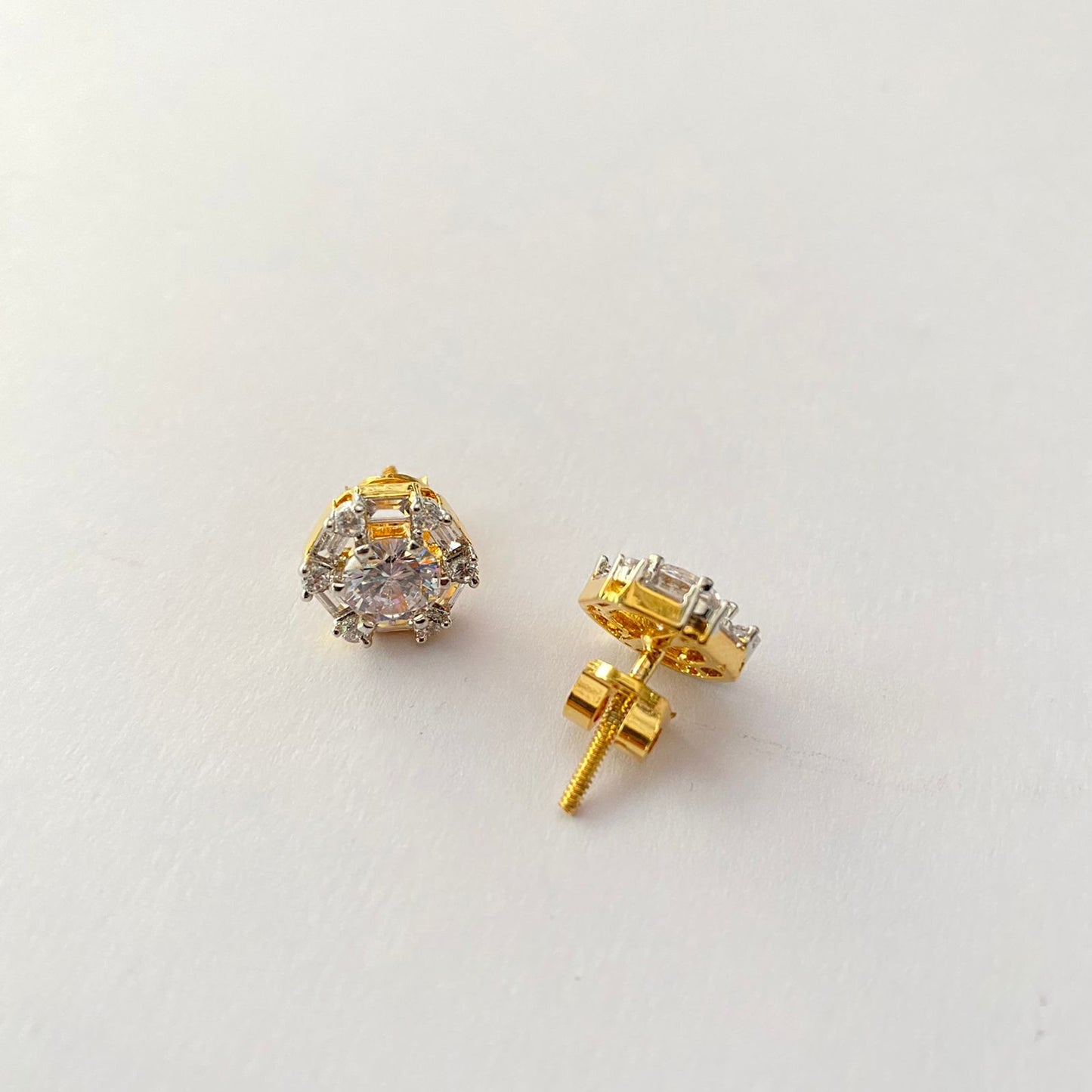Gold Plated Central Stone Surrounded by Smaller Stones Back Screw Solitaire