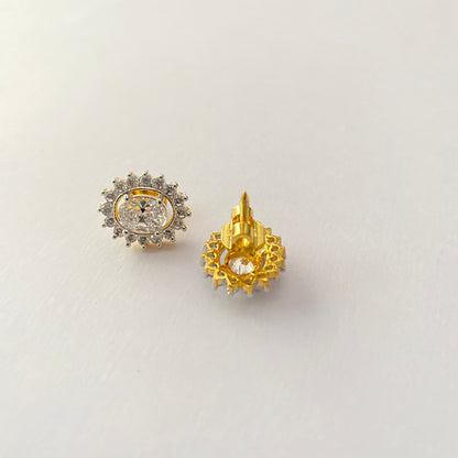 Central Oval stone surrounded by Floral Design Stones Back Screw Solitaire