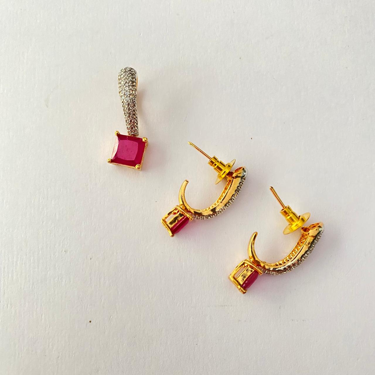 Ruby Drop in Square Shape Gold Plated Diamond Pendant Set