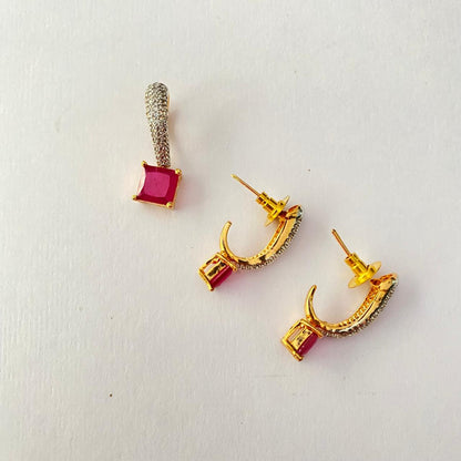 Ruby Drop in Square Shape Gold Plated Diamond Pendant Set