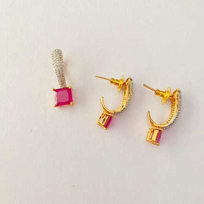 Ruby Drop in Square Shape Gold Plated Diamond Pendant Set