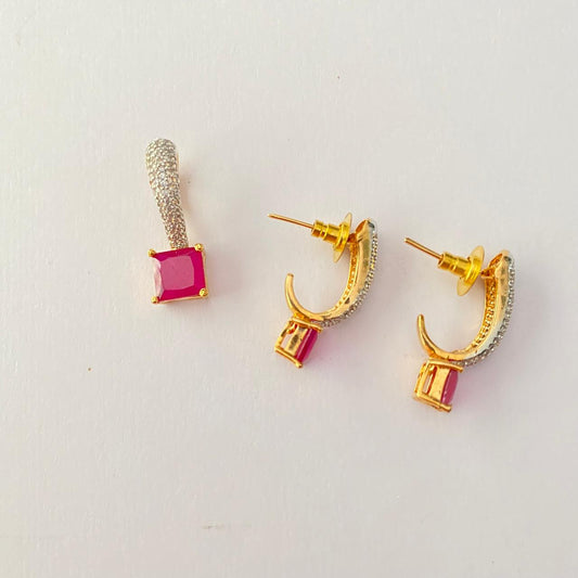 Ruby Drop in Square Shape Gold Plated Diamond Pendant Set