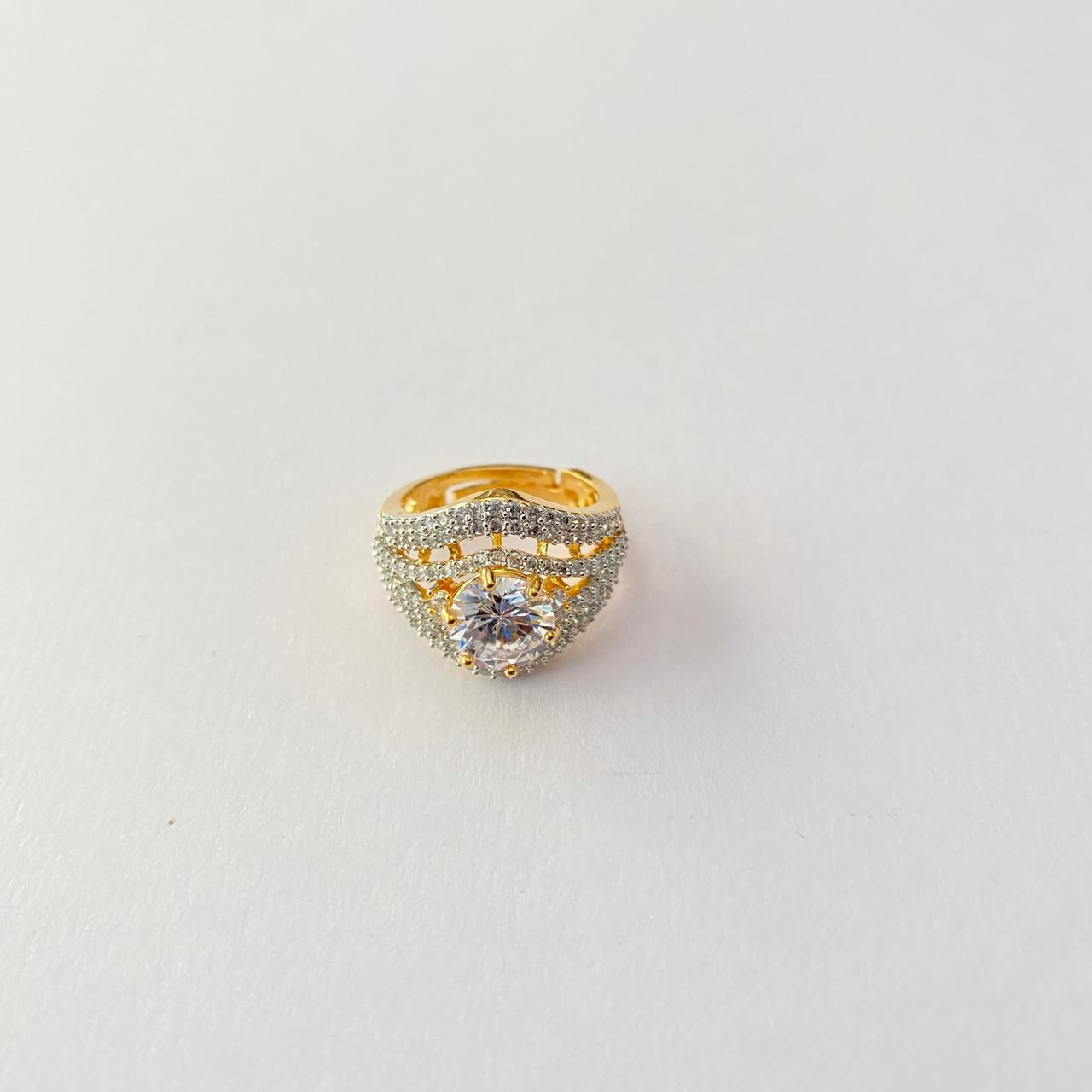 Diamond Gold Plated Prominent Central Stone Surrounded by Pave Set Crystals Ring