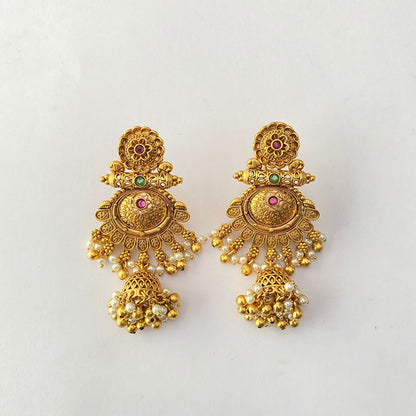 Gold Plated Ruby & Green White Pearl Jhumka