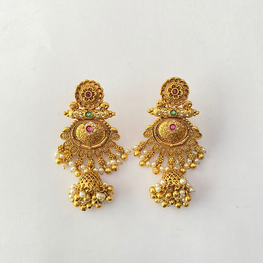 Gold Plated Ruby & Green White Pearl Jhumka