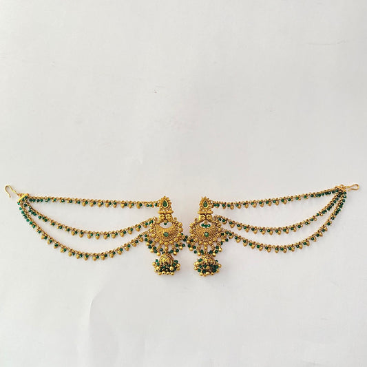 Green Antique Gold Jhumka kaan Chain Earring