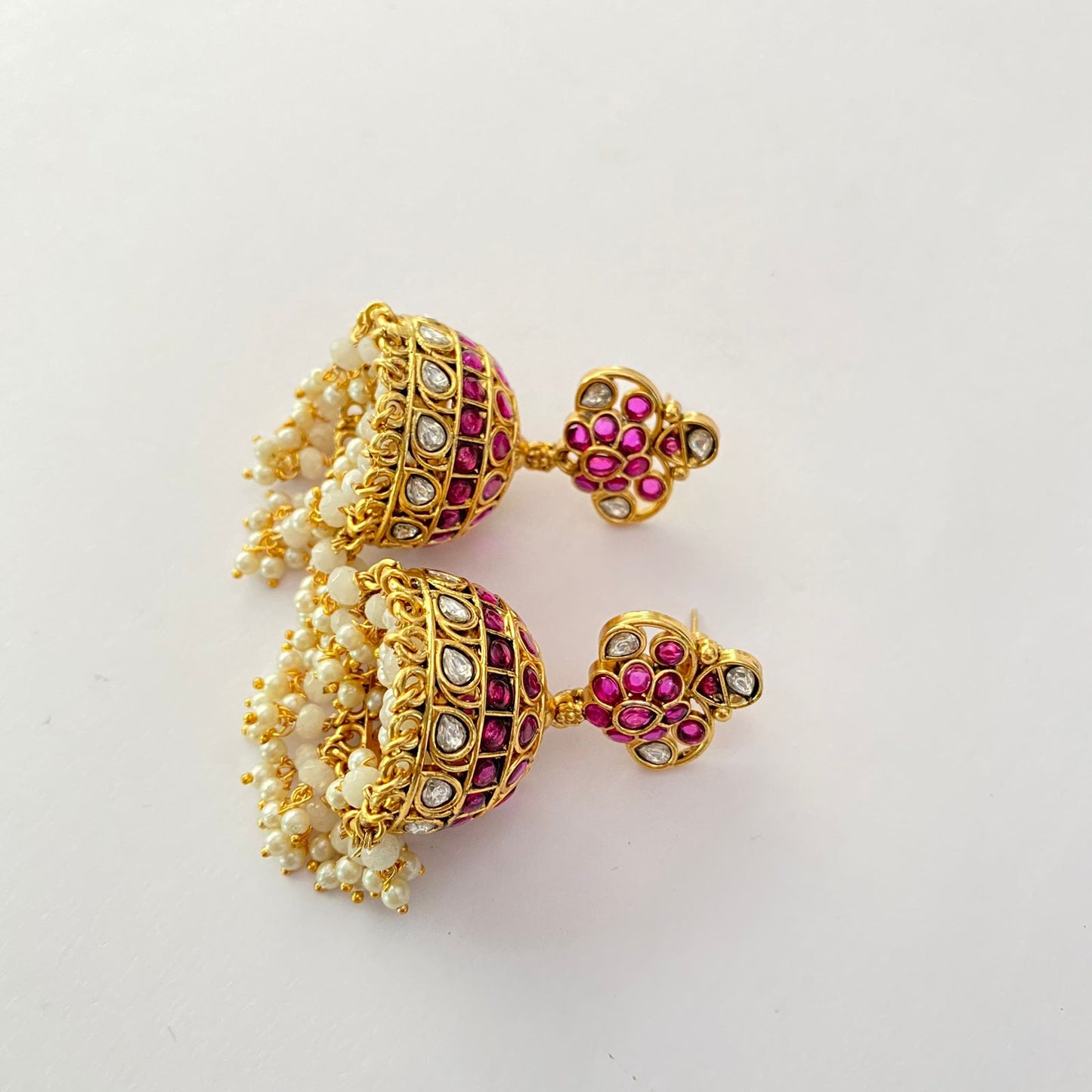 Antique Gold Ruby Drop Pearl Jhumka