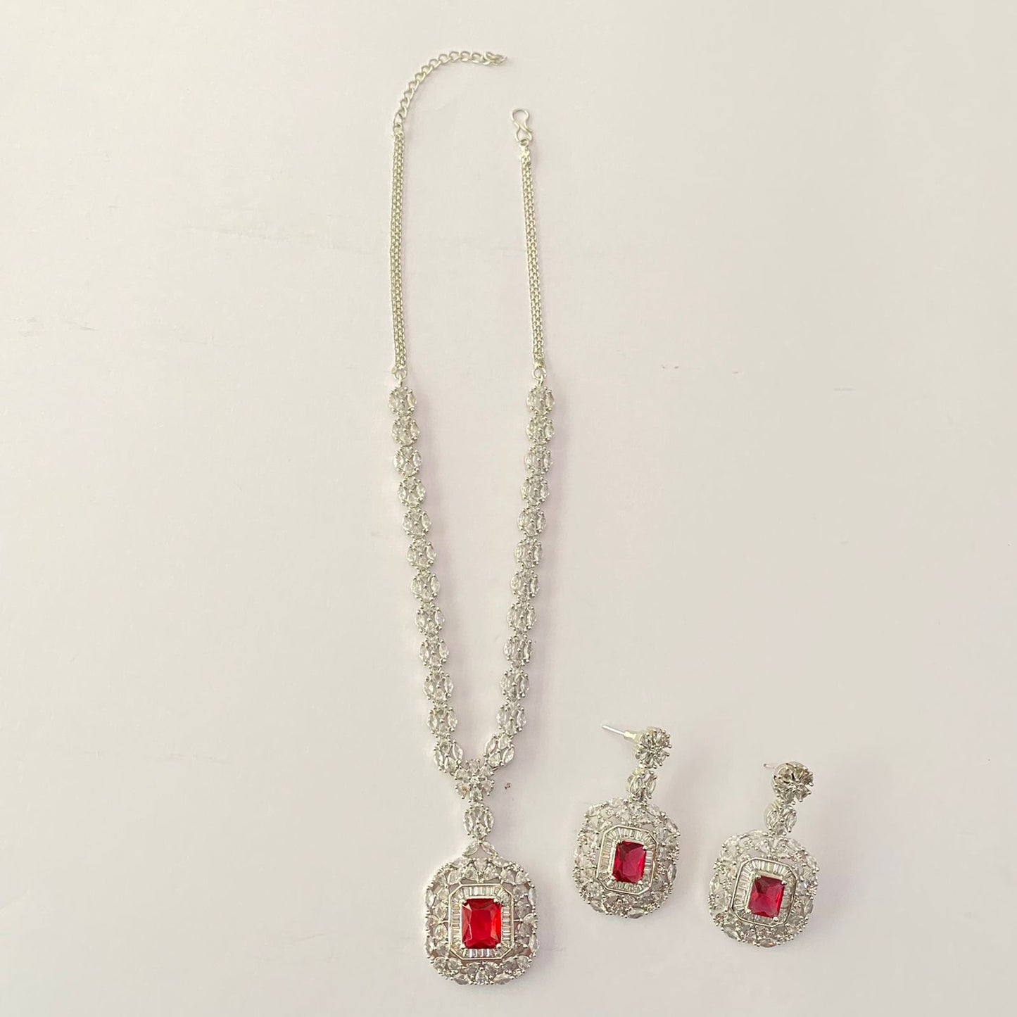Ruby Silver Plated Diamond Sleek Necklace Set
