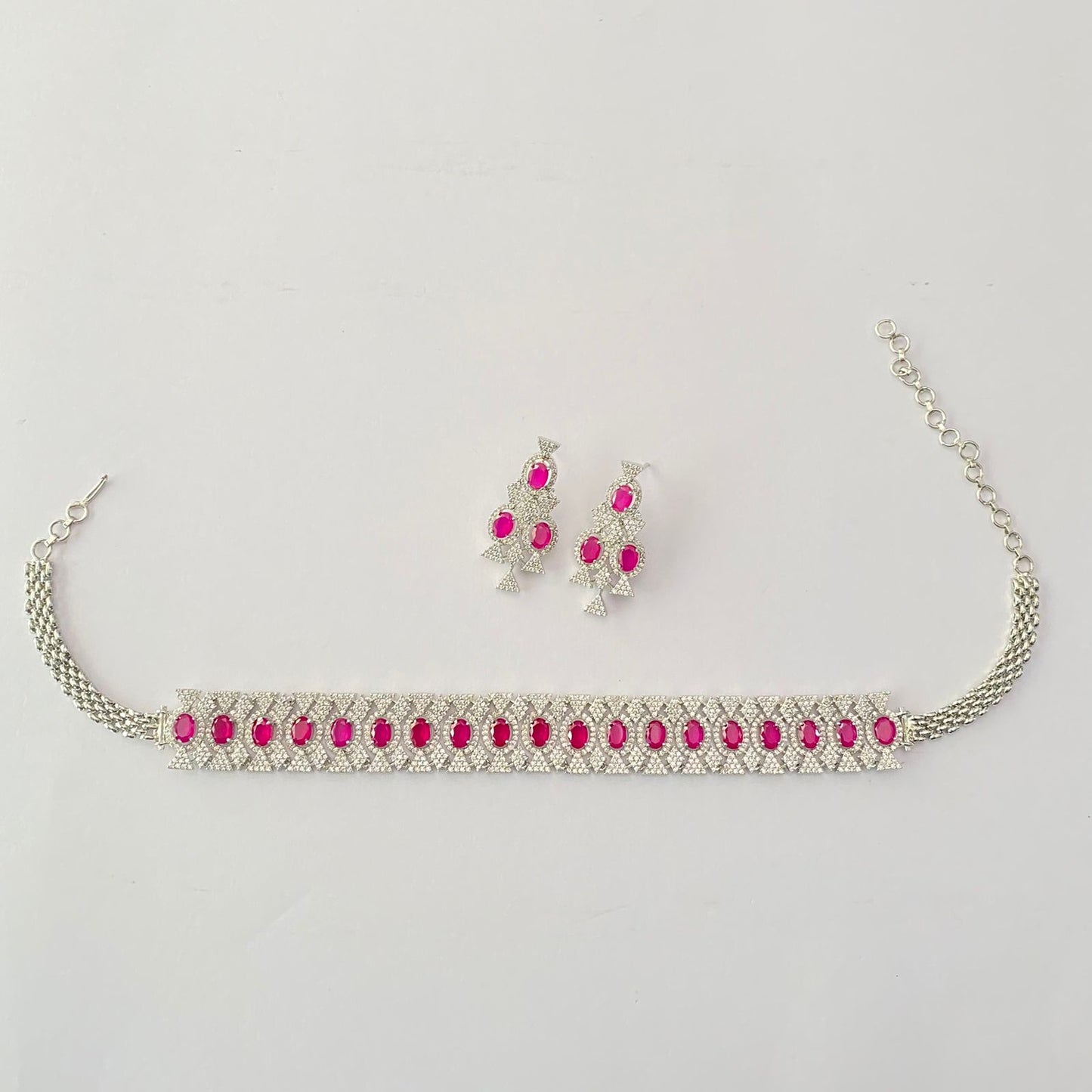 Pink Silver Plated Diamond Choker Set