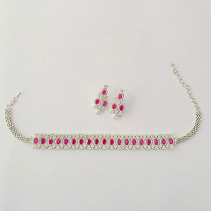 Pink Silver Plated Diamond Choker Set