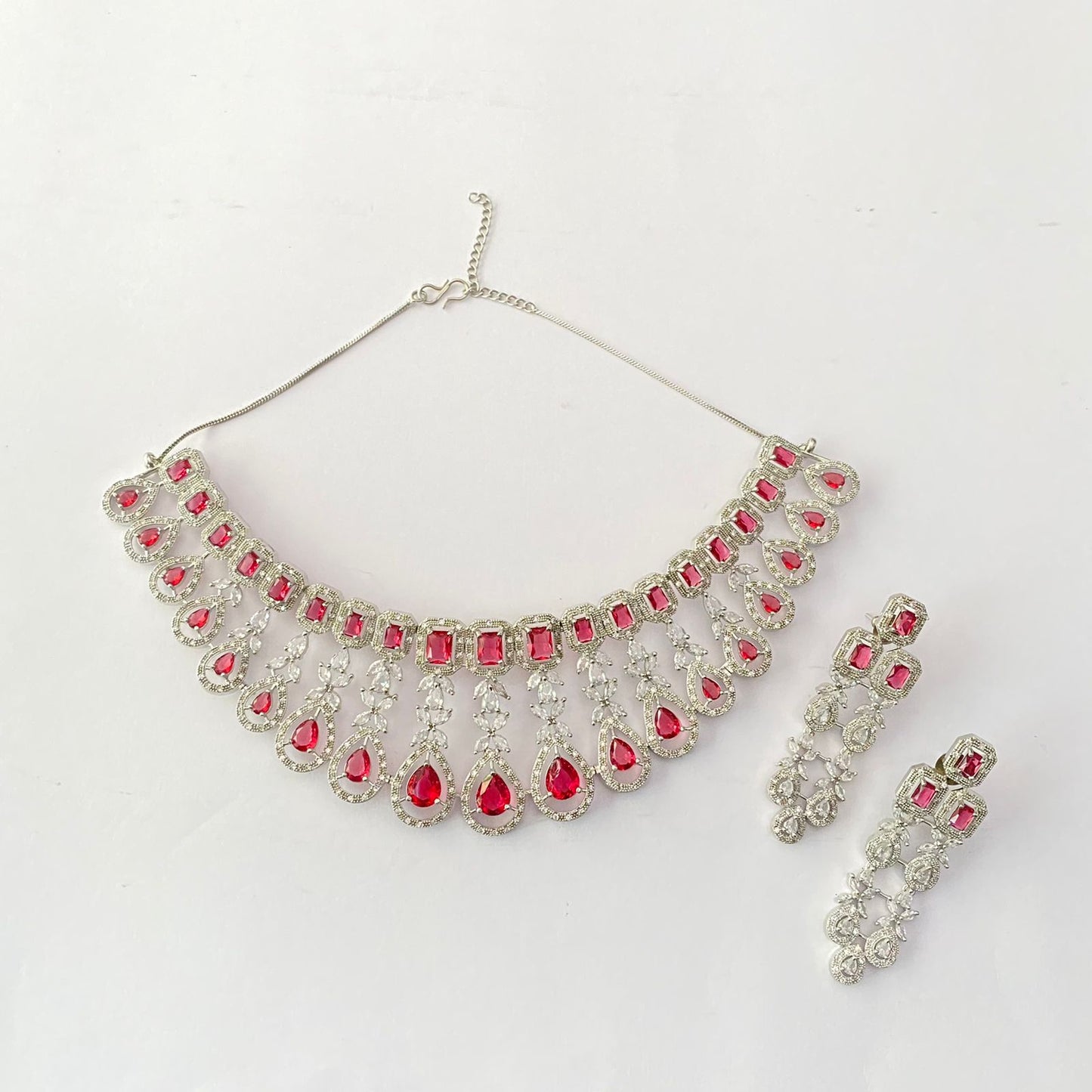 Silver Plated Ruby Diamond Necklace Set