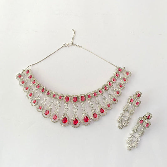 Silver Plated Ruby Diamond Necklace Set
