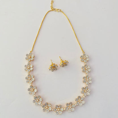 Gold Plated Flower Design Diamond Necklace Set