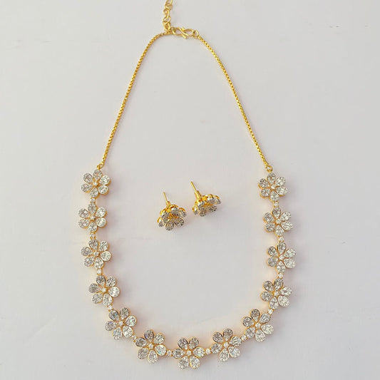 Gold Plated Flower Design Diamond Necklace Set