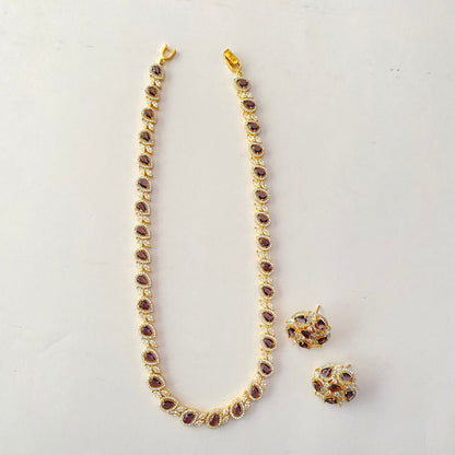 Gold Plated Purple Single Line Diamond Sleek Necklace Set