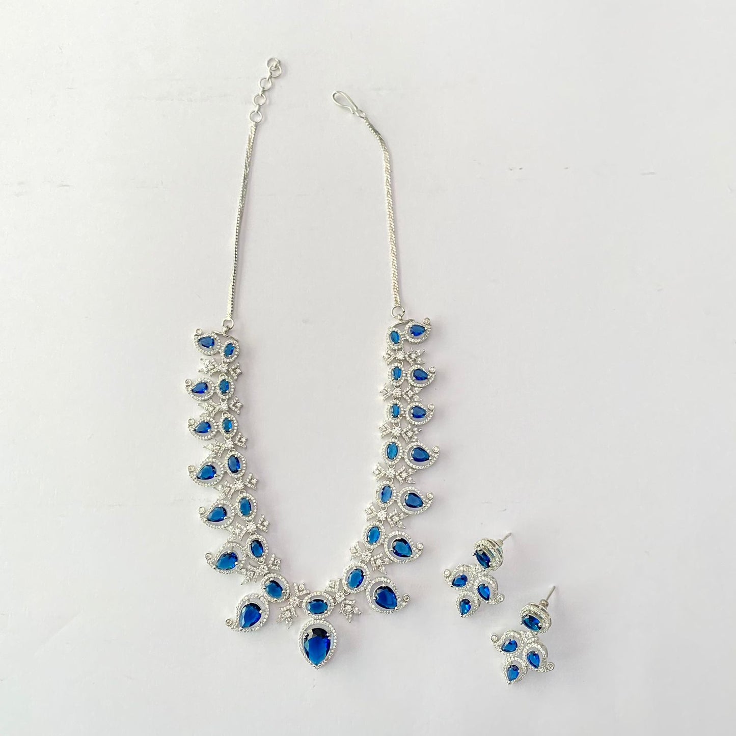 Blue Diamond Silver Plated Diamond Necklace Set