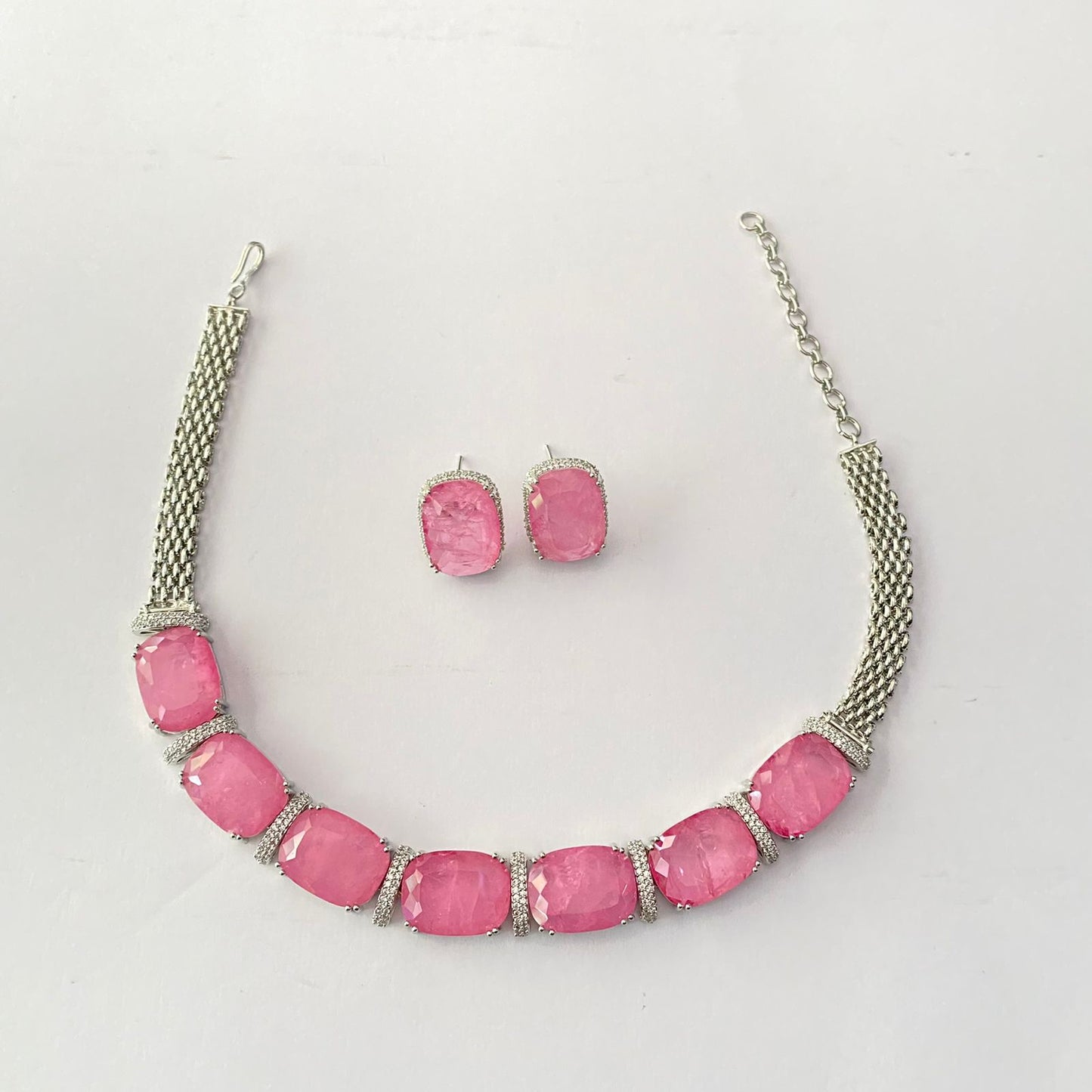 Rose Quartz Stone Diamond Silver Plated Choker Set