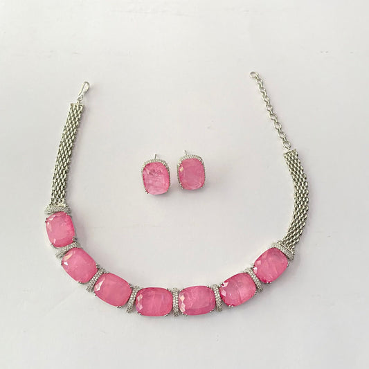 Rose Quartz Stone Diamond Silver Plated Choker Set