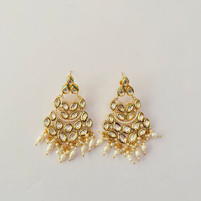 Gold Plated Kundan Drop Pearl Chand Bali
