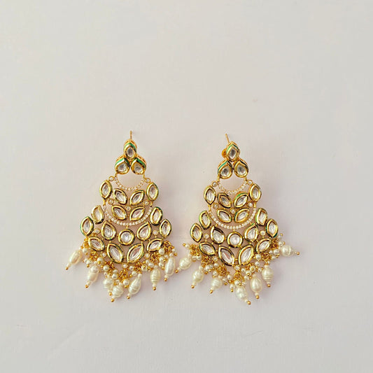 Gold Plated Kundan Drop Pearl Chand Bali