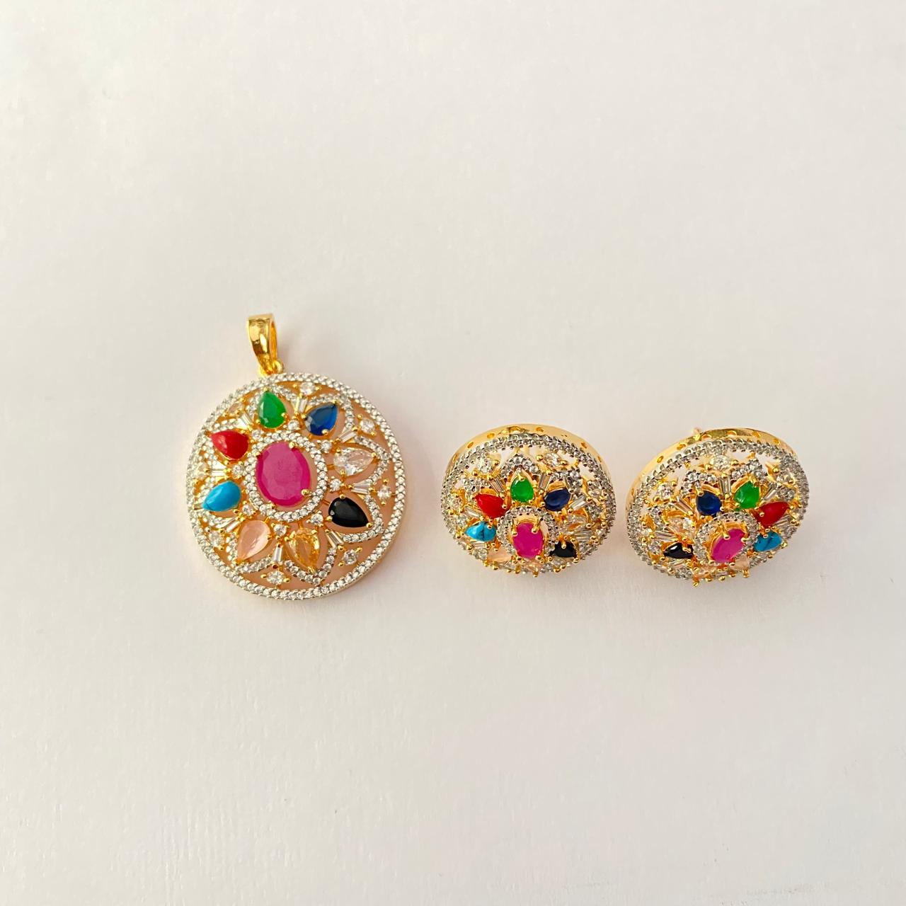 Navrattan Gold Plated Round Shape Pendant Set