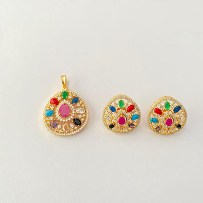 Gold Plated Navrattan in Leaf Shape Pendant Set