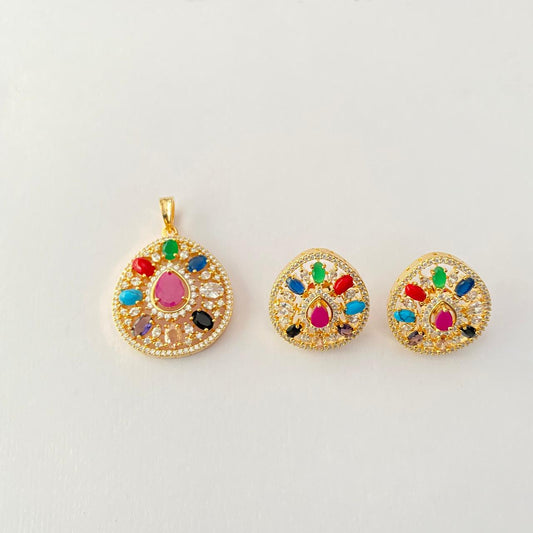 Gold Plated Navrattan in Leaf Shape Pendant Set