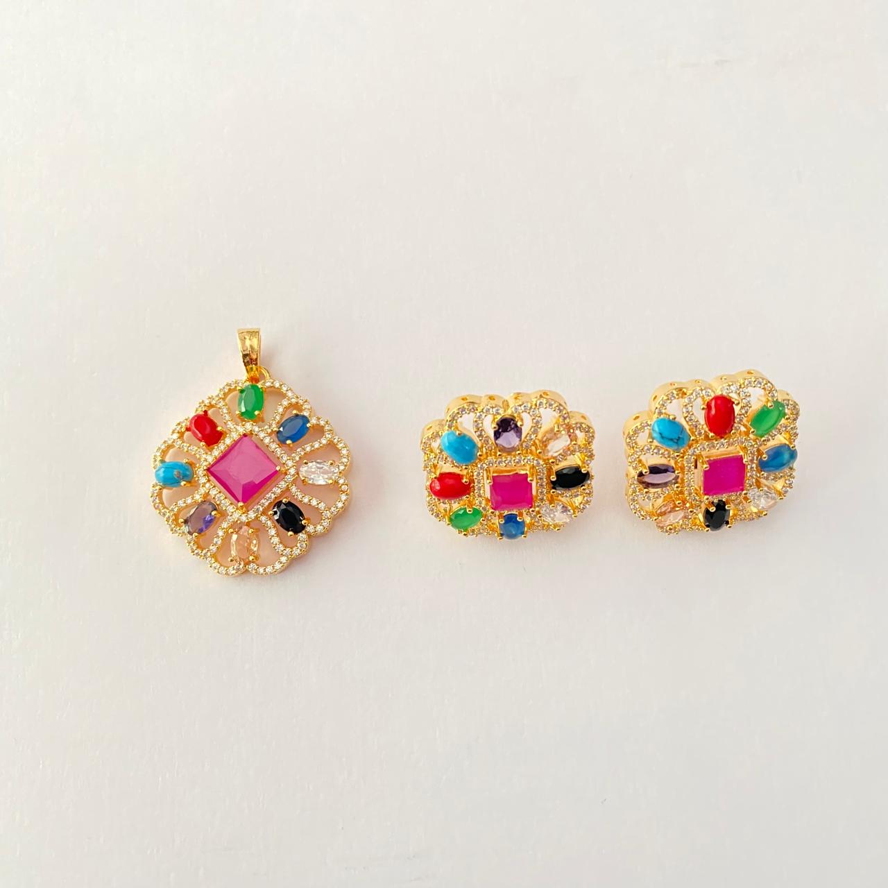 Central ruby surrounded by Navratna Gold Plated Pendant Set