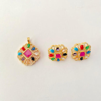 Central ruby surrounded by Navratna Gold Plated Pendant Set