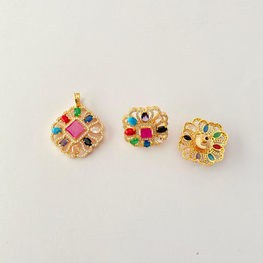 Central ruby surrounded by Navratna Gold Plated Pendant Set