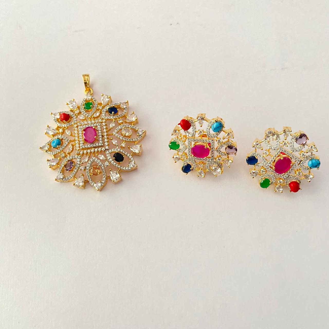 Gold Plated Navrattan Big Pendant Set