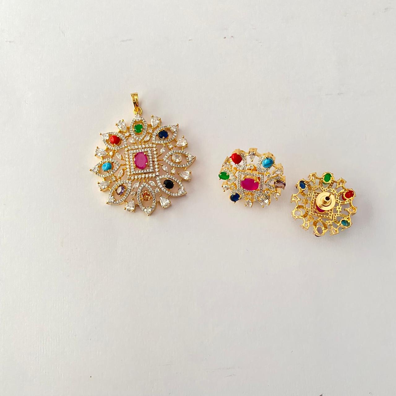 Gold Plated Navrattan Big Pendant Set