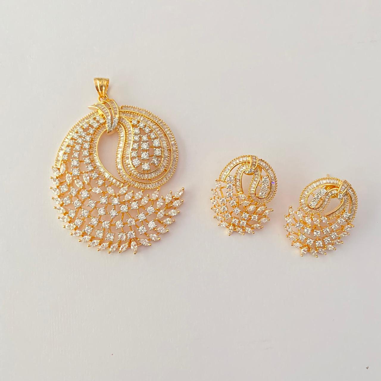 Diamond Gold Plated Marquise Stones Arranged in a Peacock inspired Pendant Set