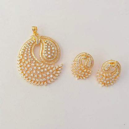 Diamond Gold Plated Marquise Stones Arranged in a Peacock inspired Pendant Set