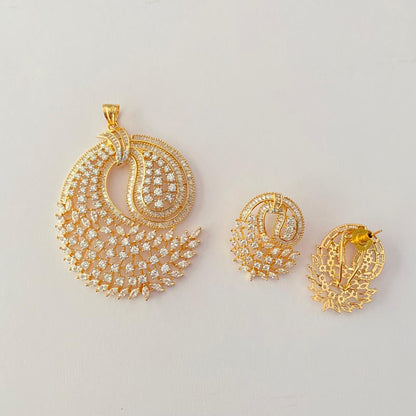 Diamond Gold Plated Marquise Stones Arranged in a Peacock inspired Pendant Set