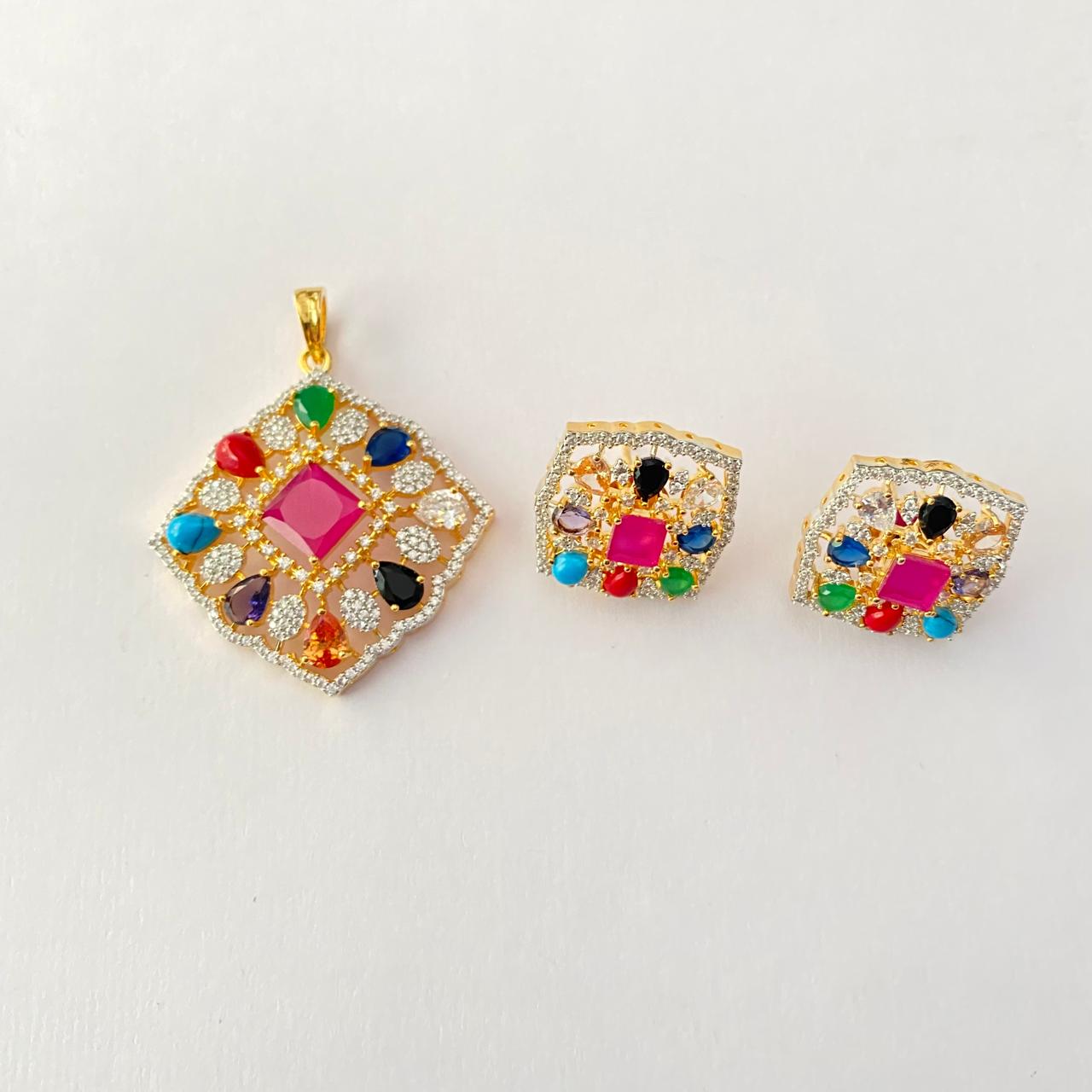 Center Ruby Stone Gold Plated in Square Shape Navrattan Pendant Set