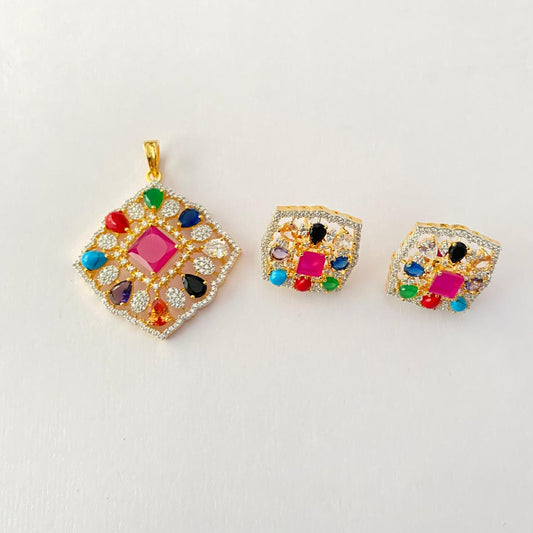 Center Ruby Stone Gold Plated in Square Shape Navrattan Pendant Set