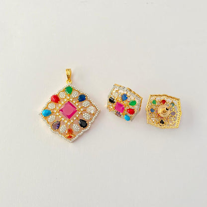 Center Ruby Stone Gold Plated in Square Shape Navrattan Pendant Set