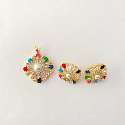 Central Pearl Navrattan Gold Plated Pendant Set