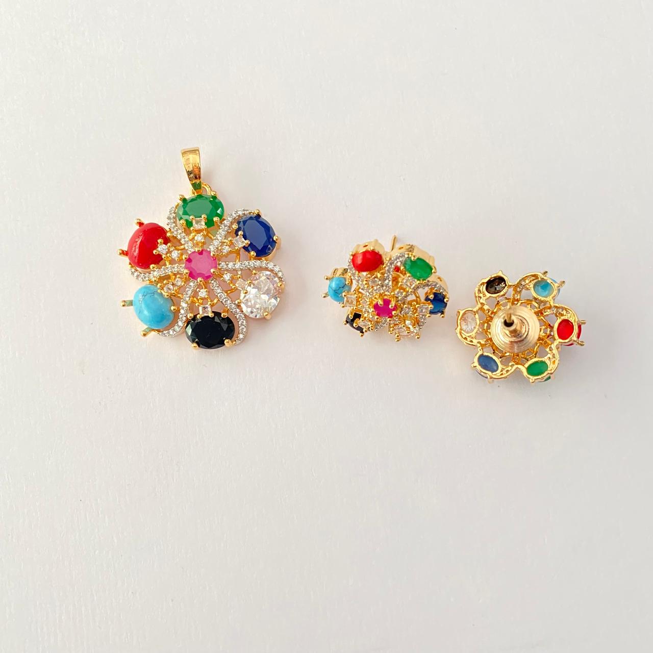 Navrattan Gold Plated Center Ruby Stone Pendant Set