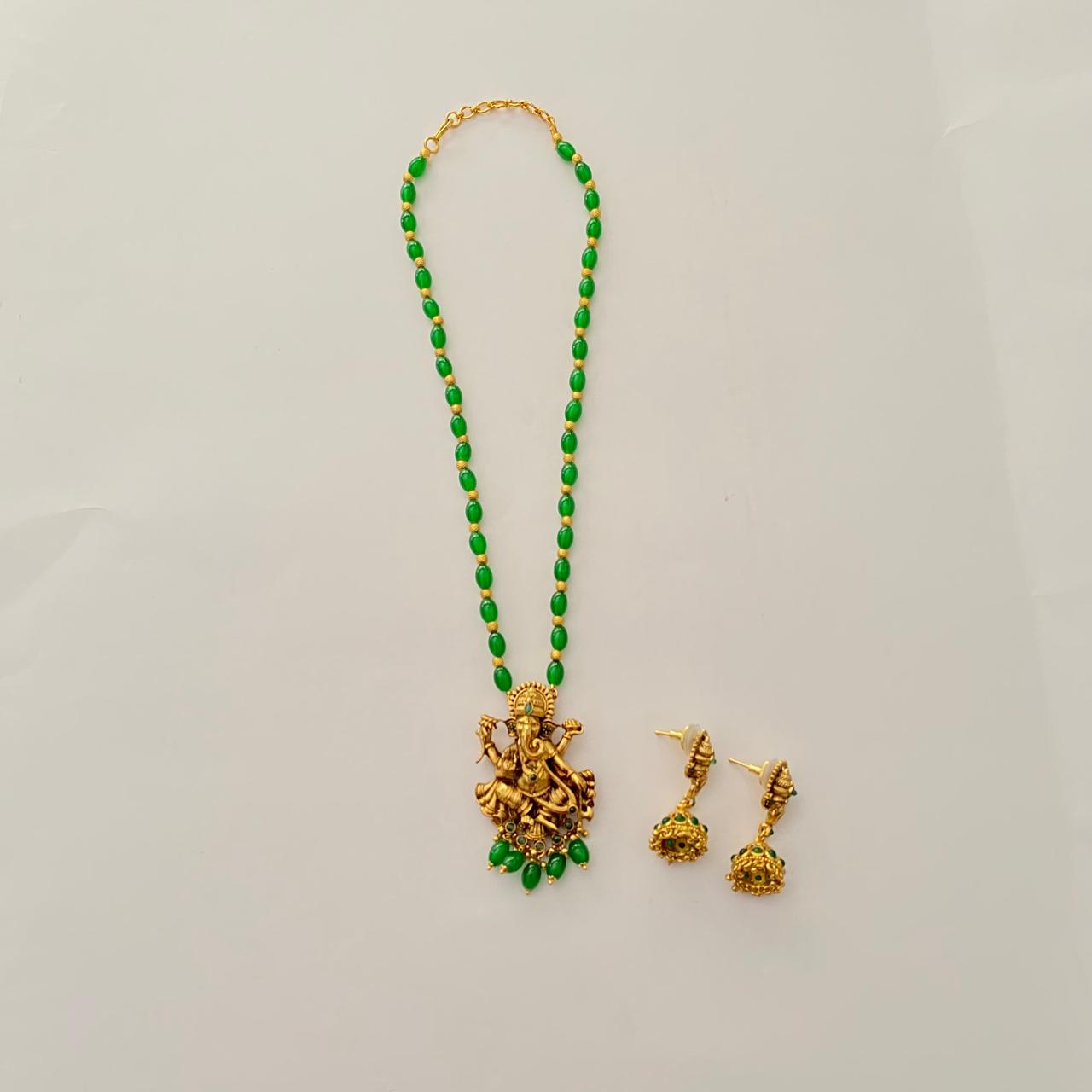 Emerald Antique Gold Plated Traditional Temple features Ganesha Pendant Set