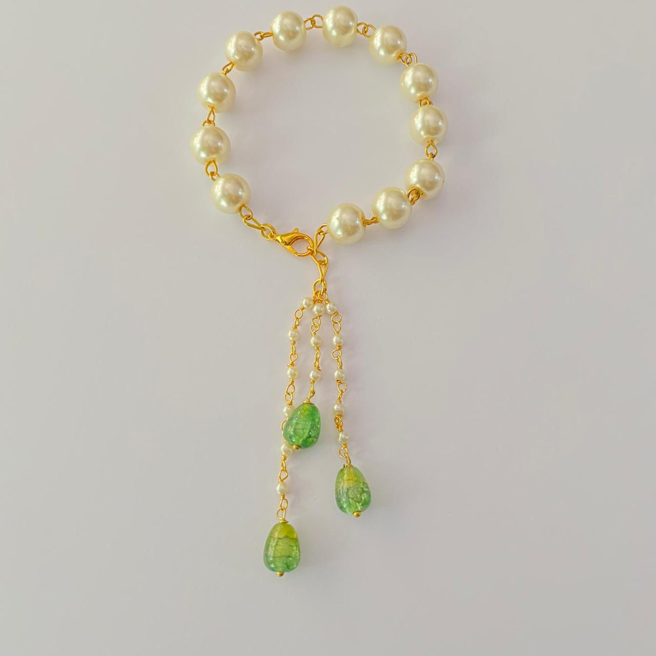 GOLD PLATED CHAIN PEARL WITH MINT GREEN LUMBA RAKHI FOR WOMEN
