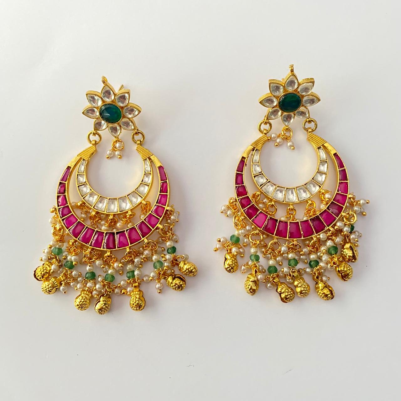 Emerald & Pink Stone Gold Plated Kundan Chandbali Earring