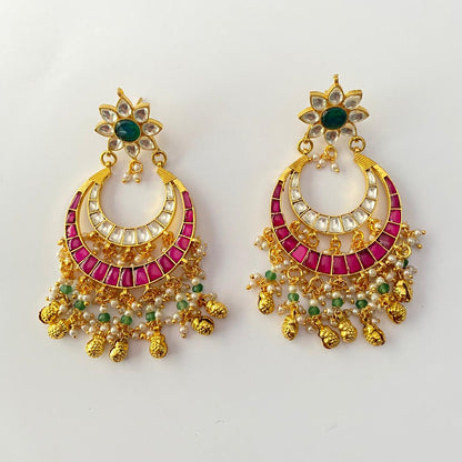 Emerald & Pink Stone Gold Plated Kundan Chandbali Earring