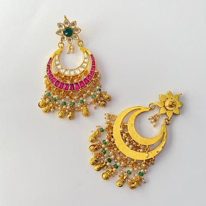 Emerald & Pink Stone Gold Plated Kundan Chandbali Earring