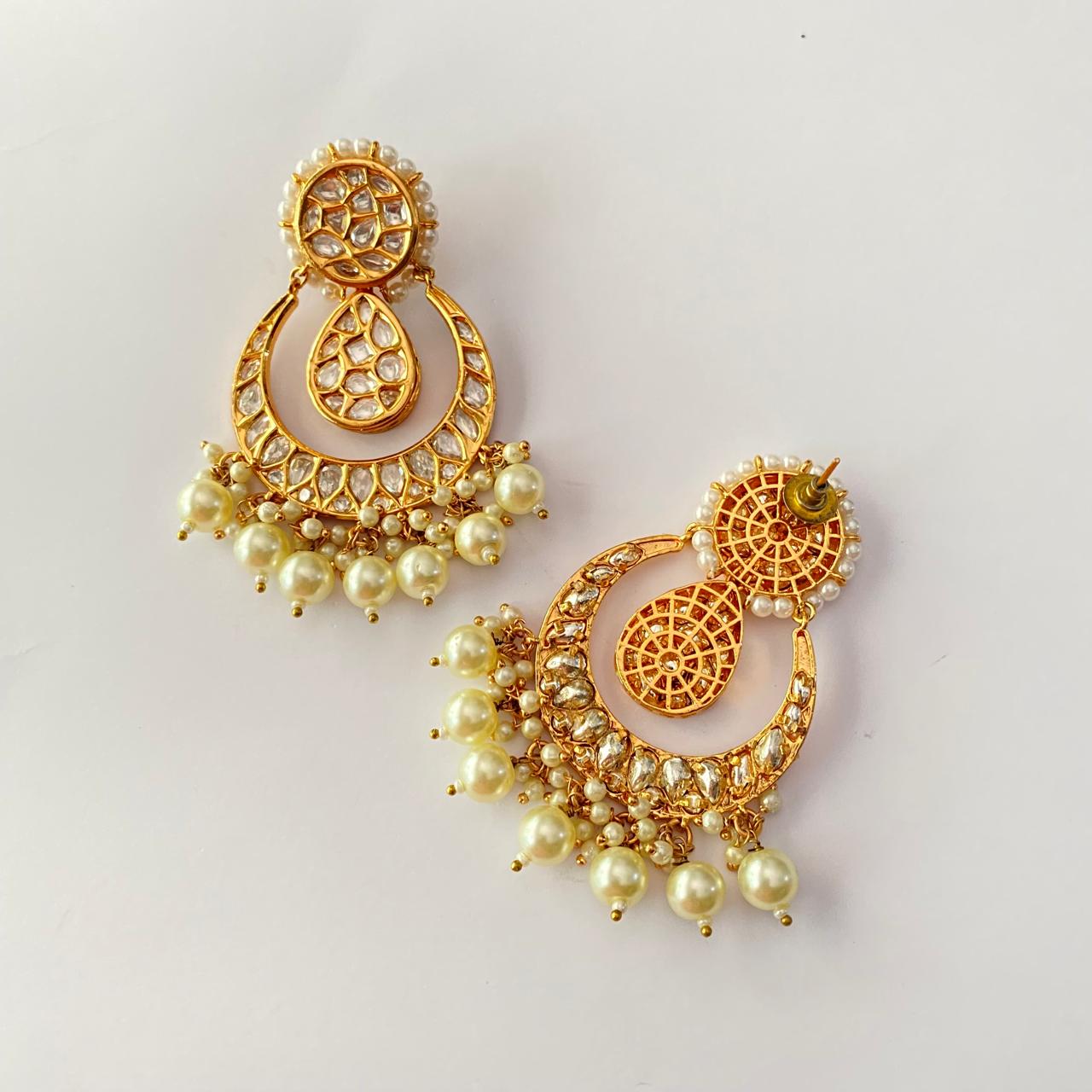 Pearl Moissanite Gold Plated Chandbali Earring